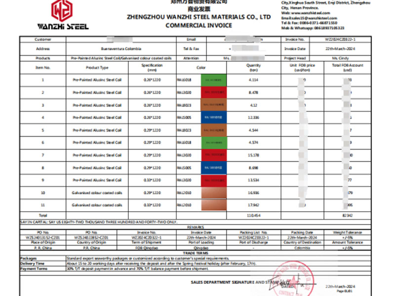 110 tons of PPGI and PPGL - Invoice